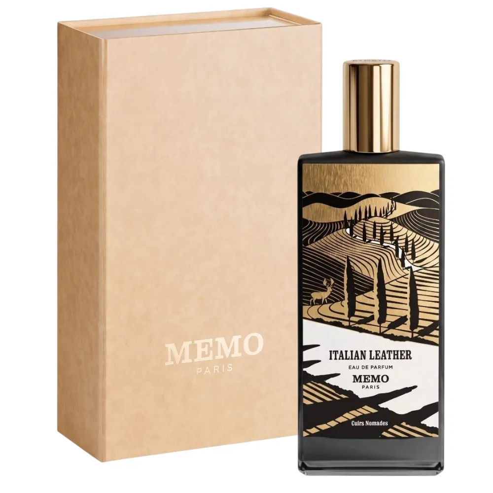 شیشه ادکلن لوکس Memo Italian Leather زیتونی با طرح طلایی