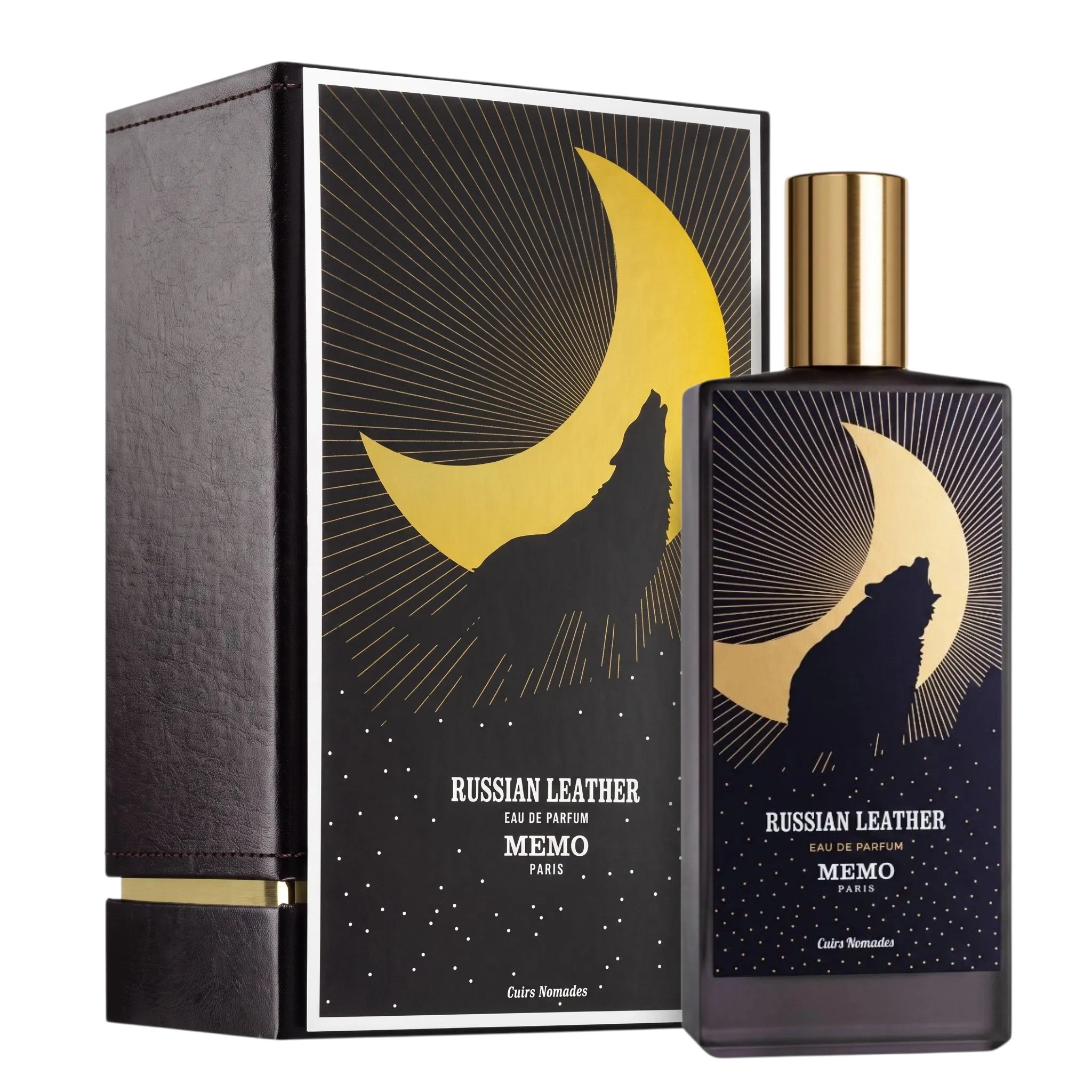 شیشه ادکلن لوکس Memo Russian Leather مشکی با طرح گرگ نقره ای