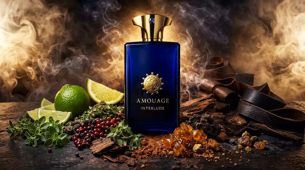 بطری آبی و طلایی لوکس عطر آمواج اینترلود مردانه با رایحه دودی و چرمی